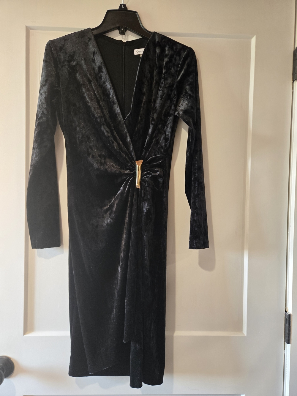 Calvin Klein Black Velvet Long-Sleeve Wrap Dress with Gold Accent